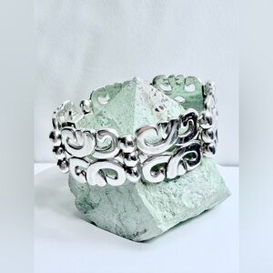 Vintage Rare Heavy Sterling Silver Hinged Panel Bracelet w/Safety Chain - Signed